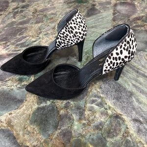 Black real fur animal print heels